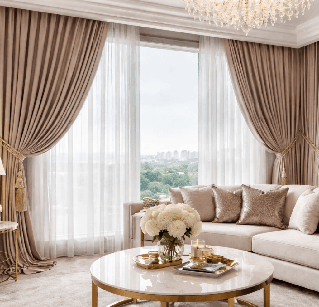 Luxury custom curtain decor in elegant modern living room with sheer and blackout layered curtains by Puji Curtain