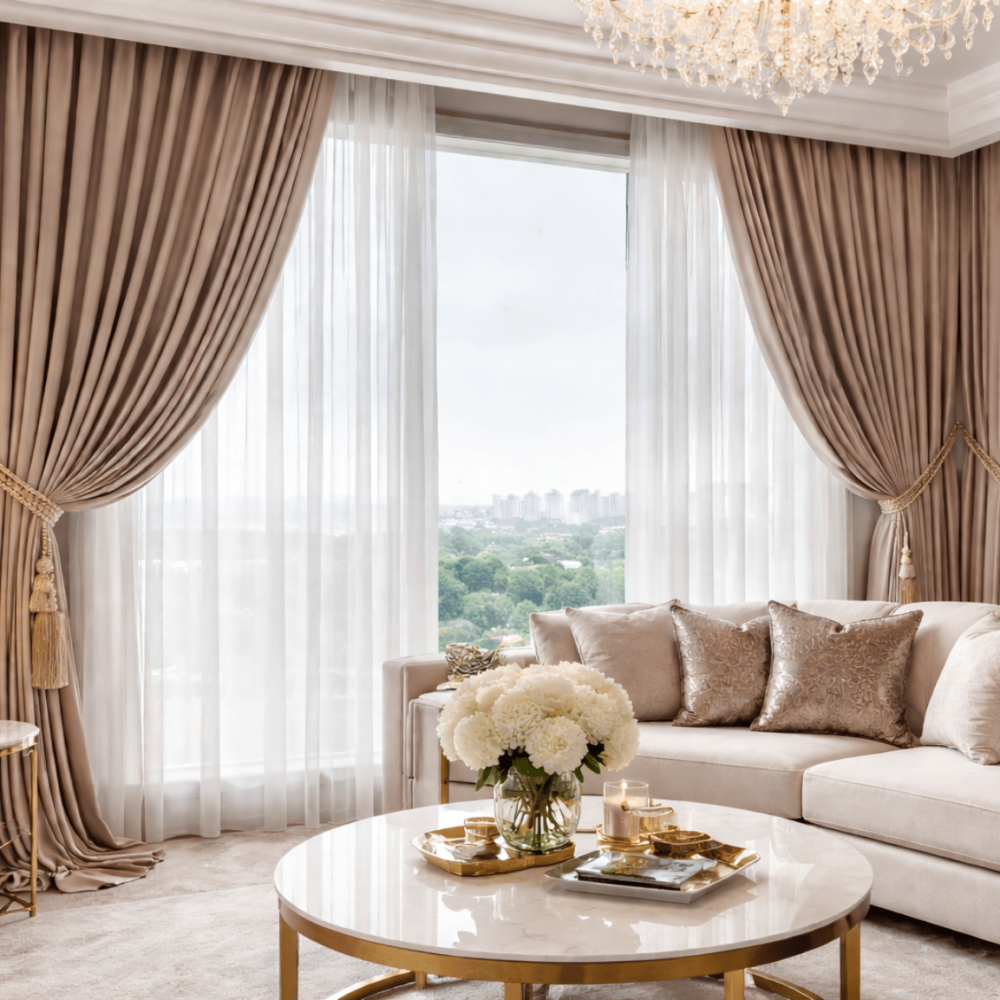 Luxury custom curtain decor in elegant modern living room with sheer and blackout layered curtains by Puji Curtain
